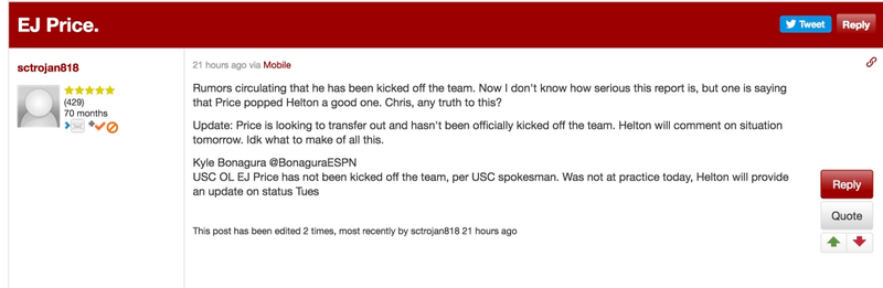 Illustration for article titled E.J. Price Transfers From USC; Coach Clay Helton Denies Price Punched Him